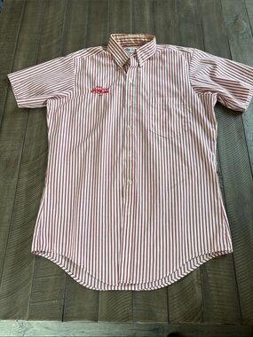 Coca Cola Red and White Striped Short-Sleeve Button Down Shirt with Logo